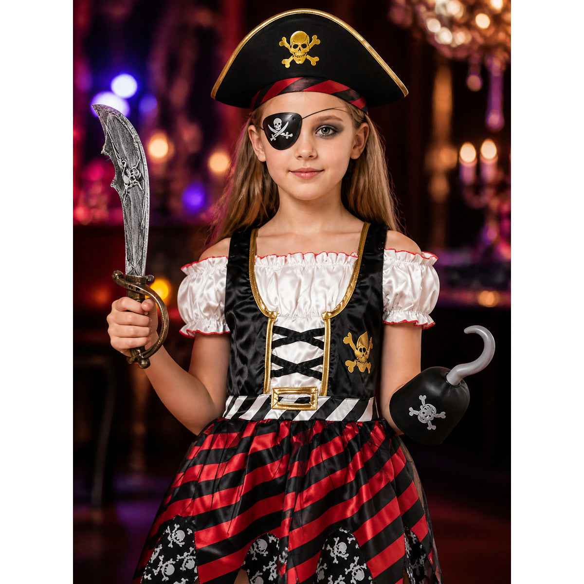 Kids Pirate Costume Dress Set with Skull Print, Hat, Eye Patch, Sword & Hook for on-model view