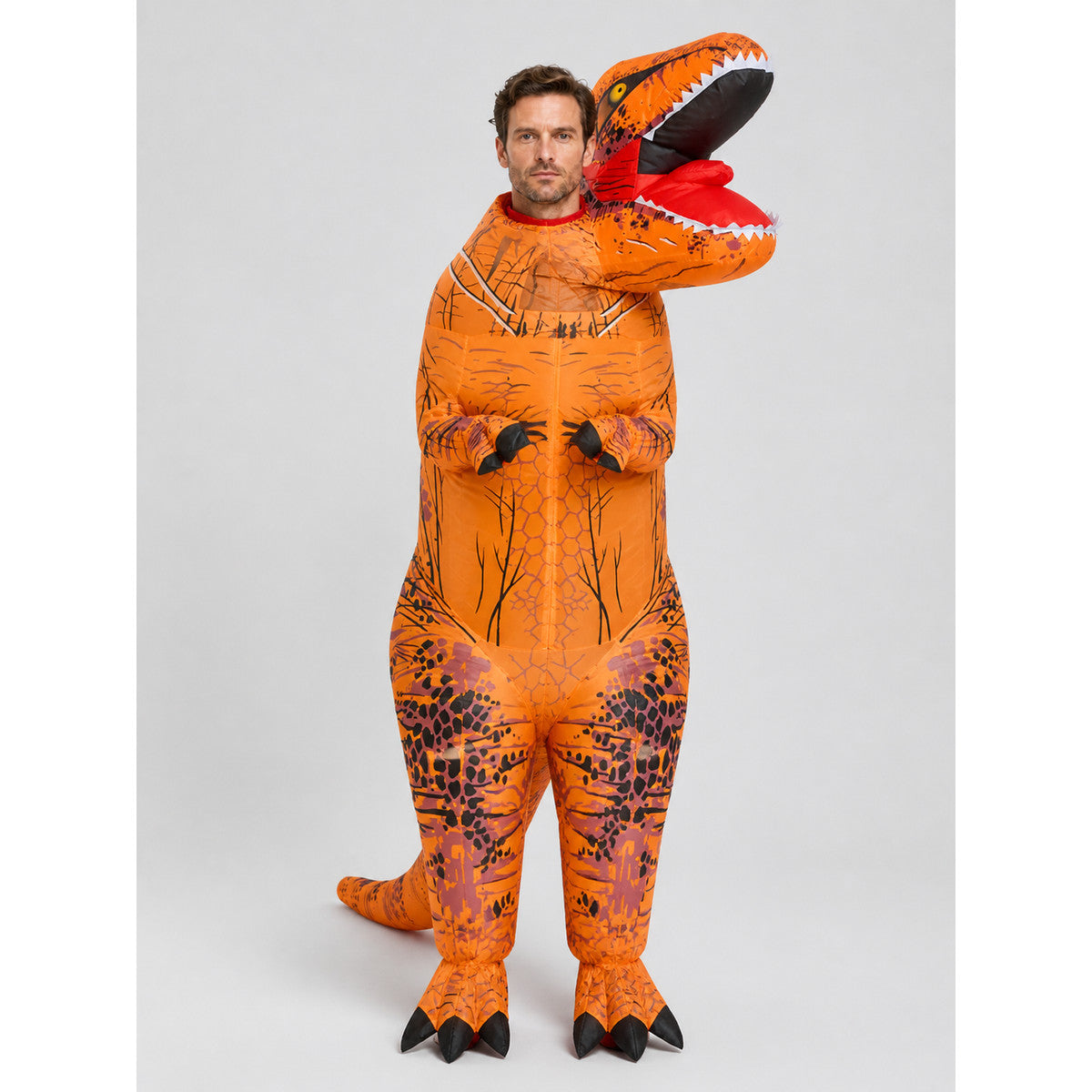 Inflatable Tyrannosaurus Costume for Halloween, Orange on-model view
