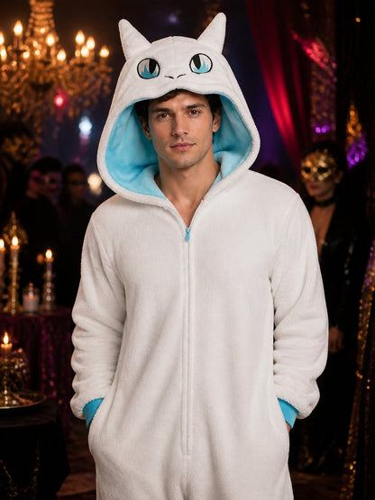 White Dragon Hooded Animal Jumpsuit Costume, Long-Sleeve Cartoon One-Piece on-model view