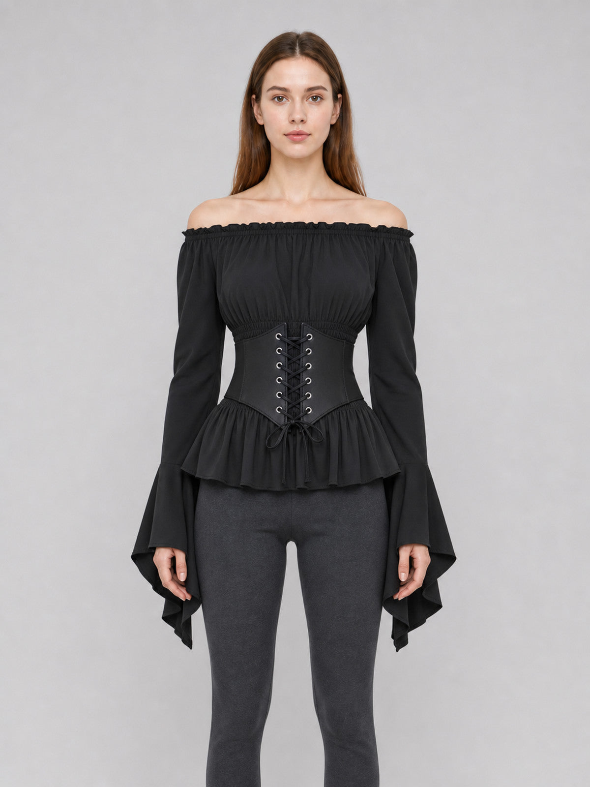 Black Gothic Peplum Top with Lace-Up Belt front view