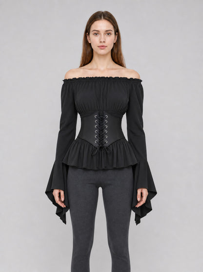 Black Gothic Peplum Top with Lace-Up Belt front view