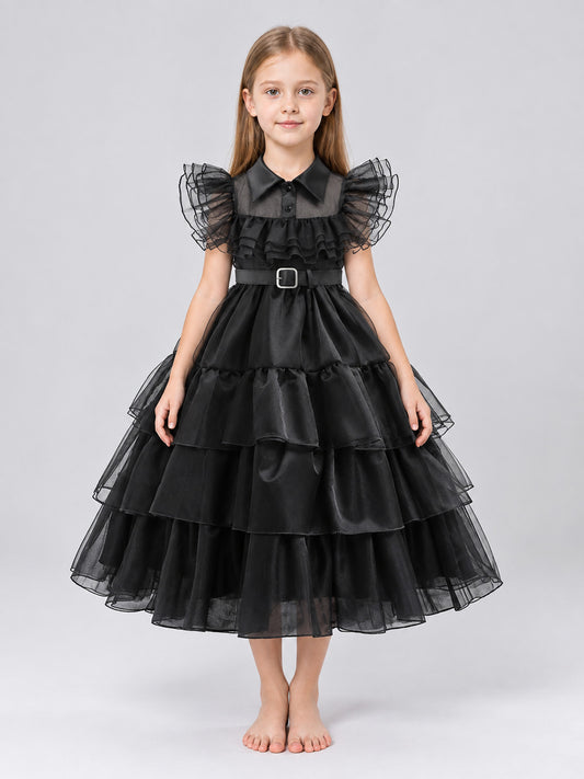 Girls' Dressy Dress with Full Skirt and Collar on-model view