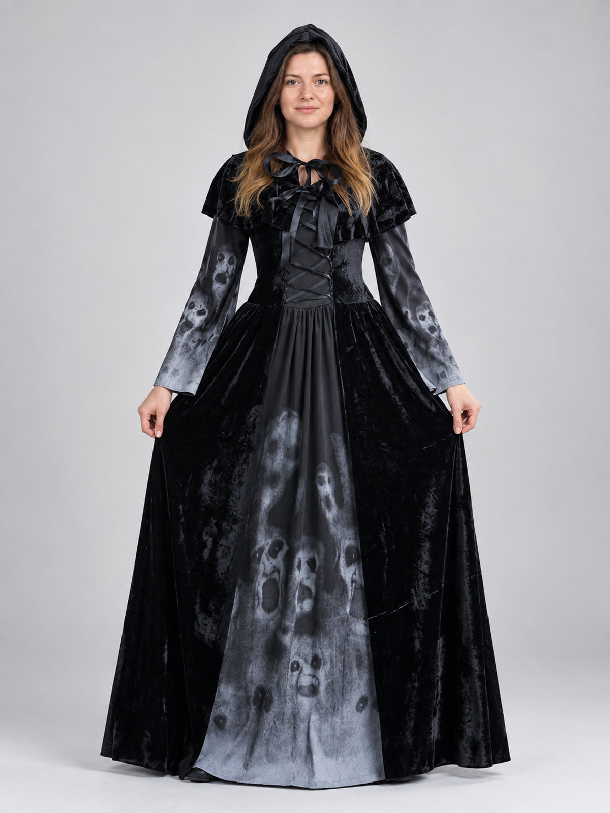 Black Hooded Carnival Dress with Skull Print