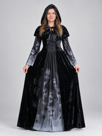 Black Hooded Carnival Dress with Skull Print