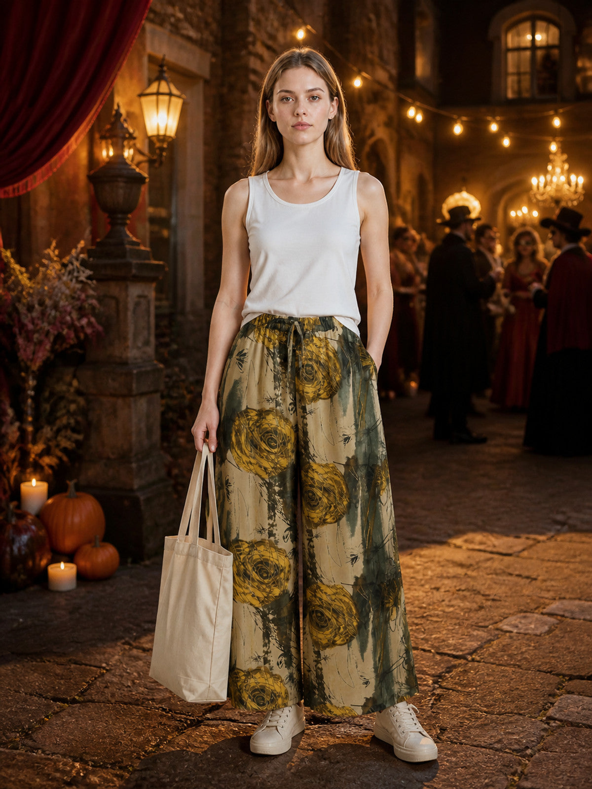 Palazzo Pants with Floral Print and Drawstring