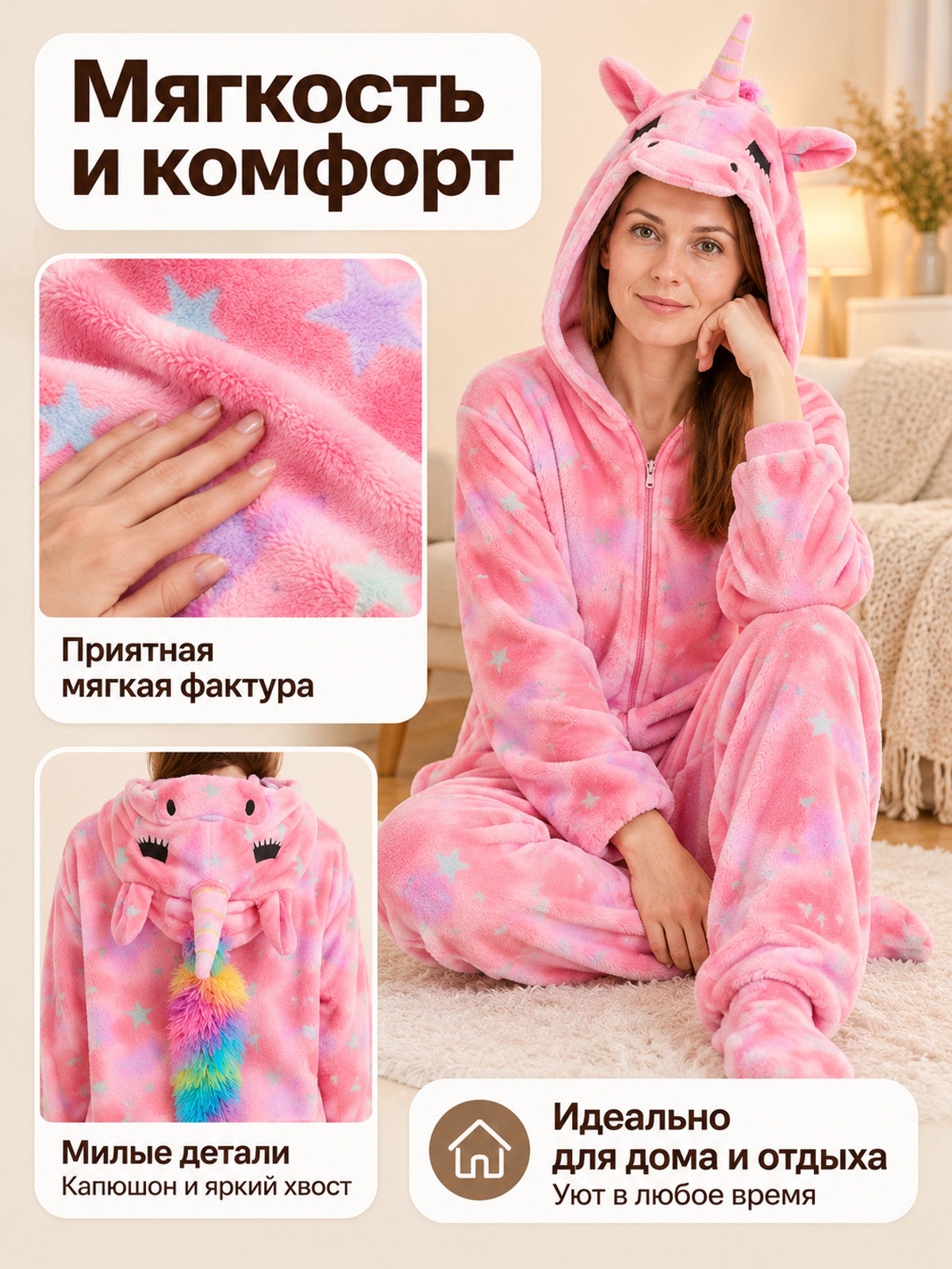 Pink Fleece Unicorn Hooded Kigurumi Jumpsuit
