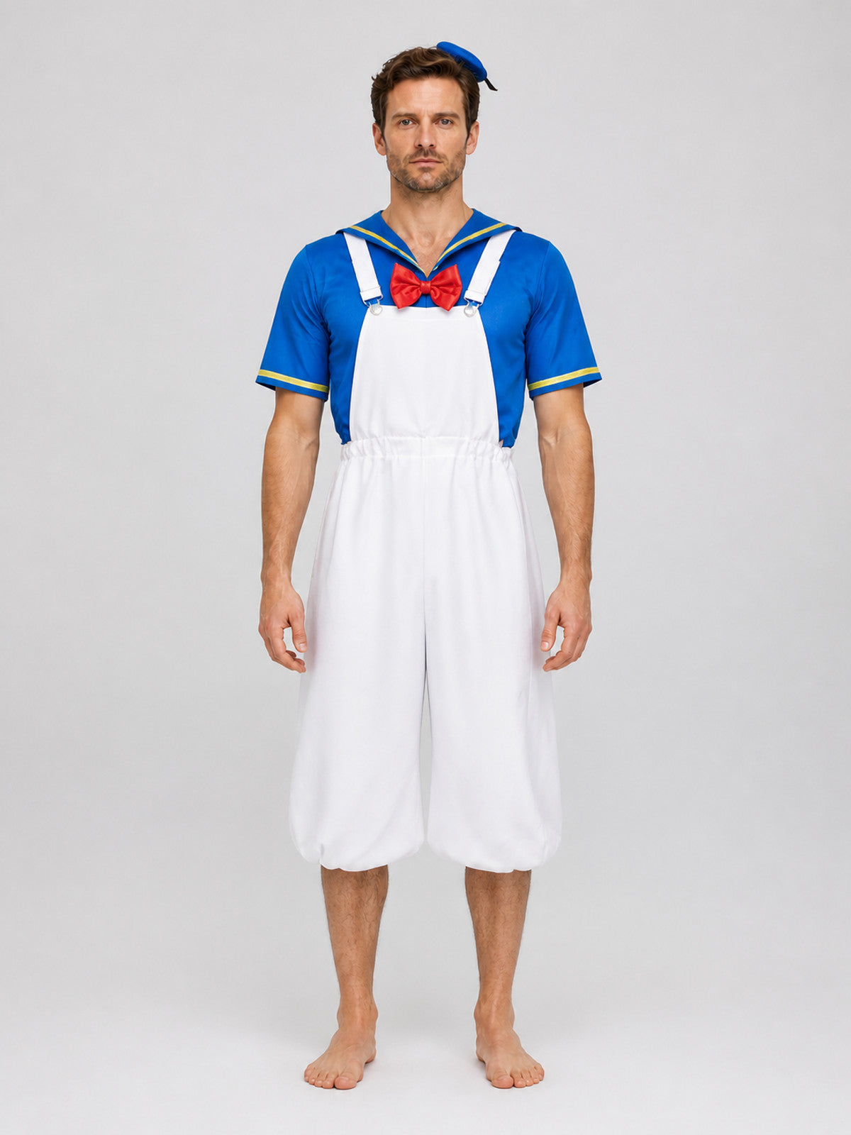 Donald Duck Costume for Two, Blue and White, with Suspenders on-model view