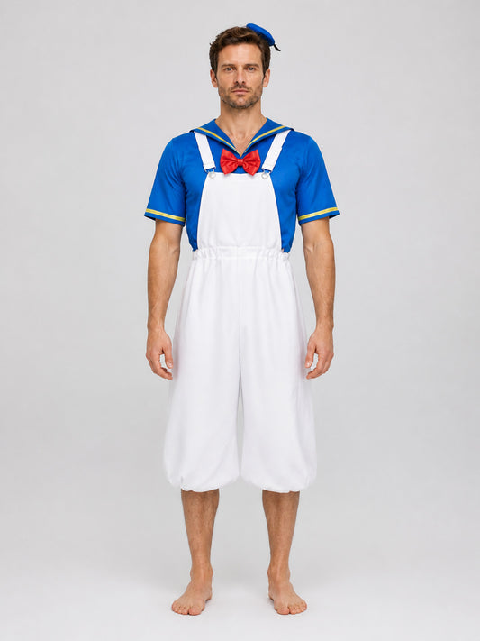 Donald Duck Costume for Two, Blue and White, with Suspenders on-model view