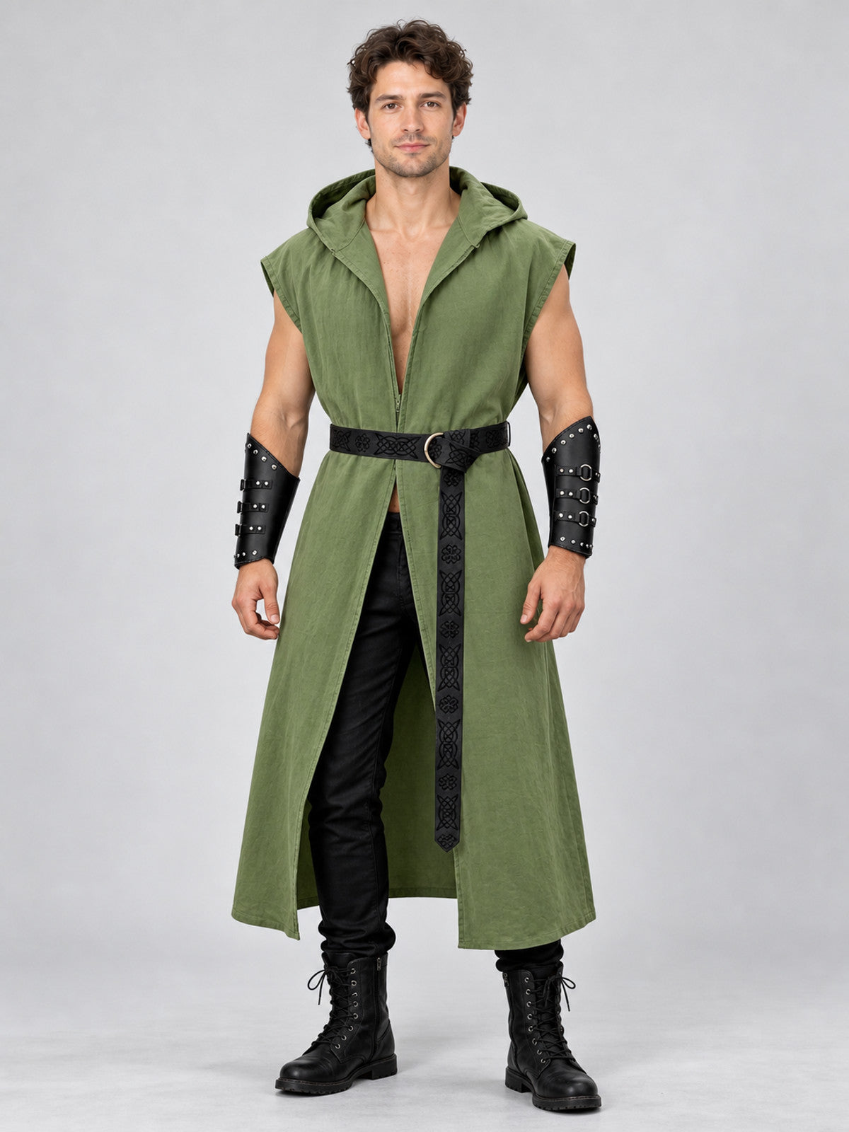 Olive Green Sleeveless Hooded Tunic with Zipper