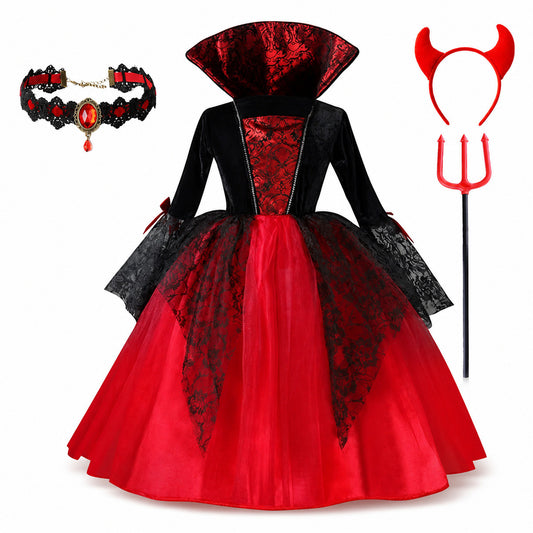 2025 Girls Cosplay Vampire Halloween Dress For Kids Ghost Bride Gothic Costume Count Vampiran Carnival Outfit Black Red Clothes - Color:5Pcs Set