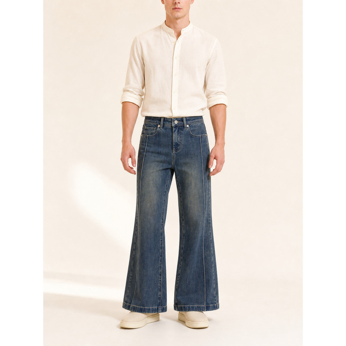 Wide-leg jeans with a faded effect on-model front view