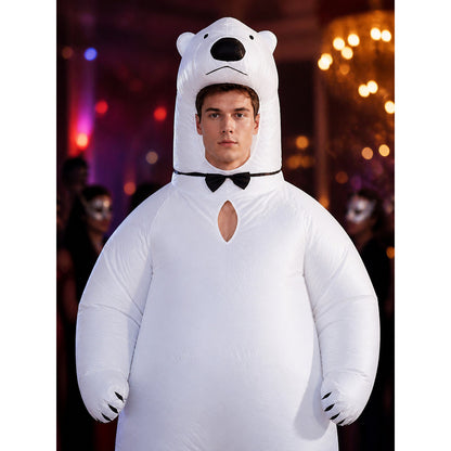 Inflatable White Bear Onesie Costume with Black Bow for Christmas Party on-model view