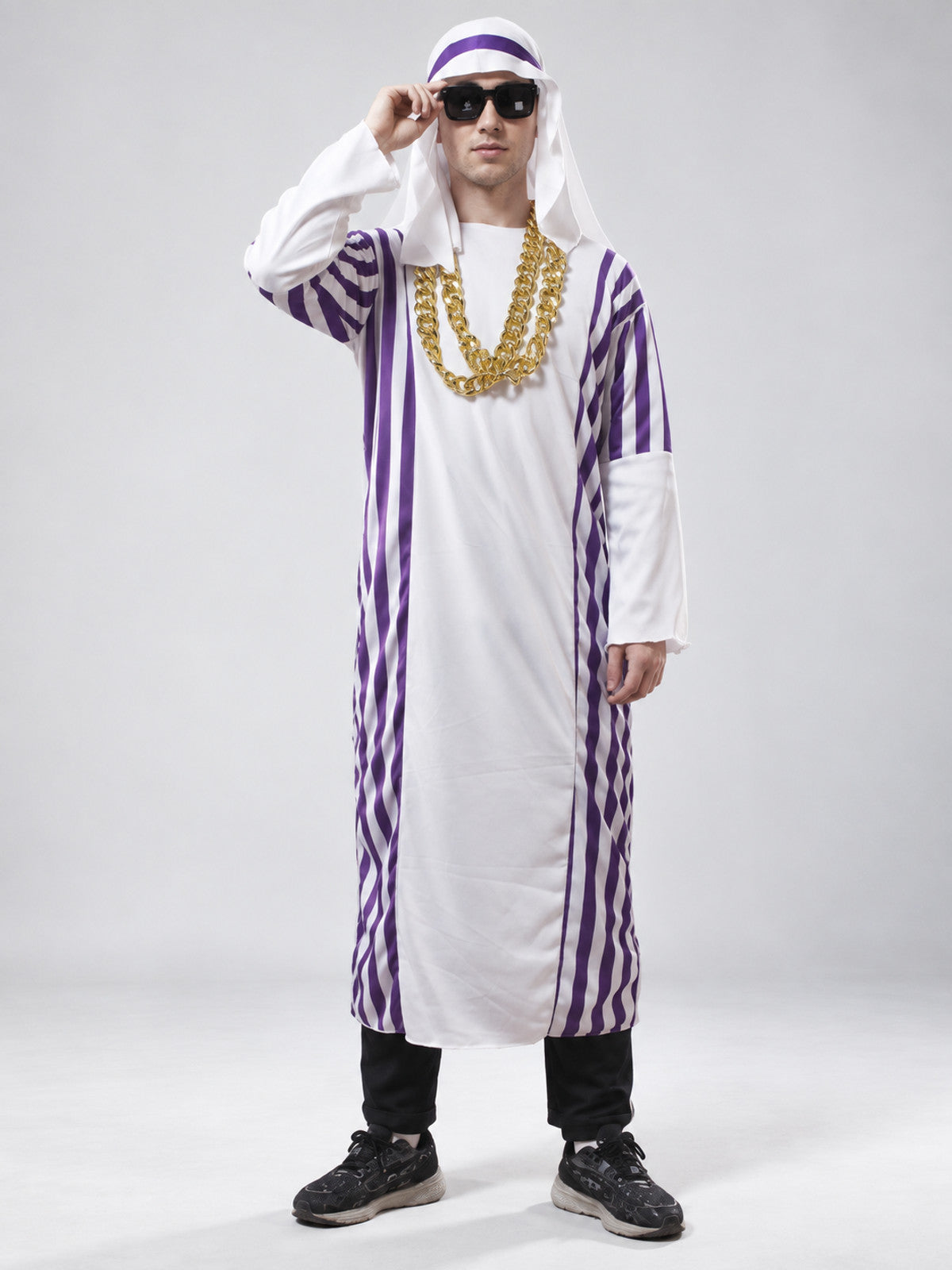 Carnival costume with purple stripes and headwear