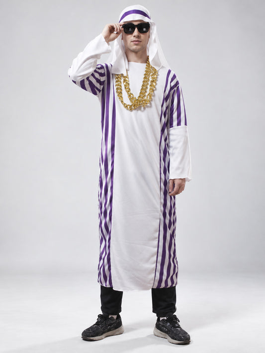 Carnival costume with purple stripes and headwear