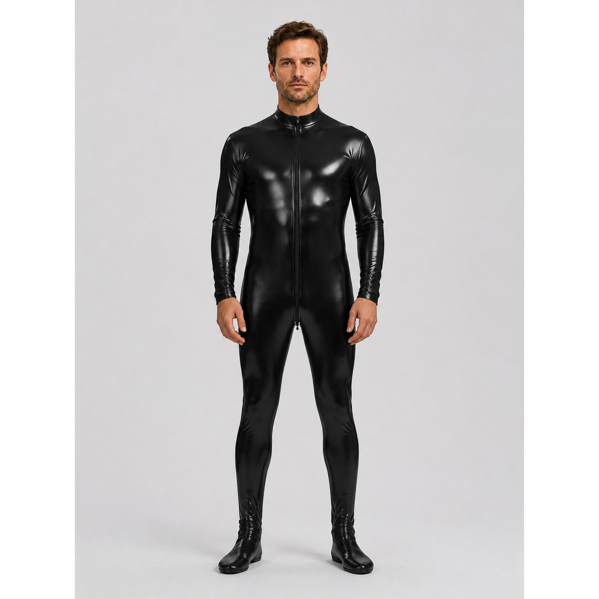 Black Glossy Form-Fitting Jumpsuit with Zipper for Stage on-model view