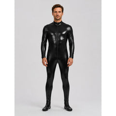 Black Glossy Form-Fitting Jumpsuit with Zipper for Stage