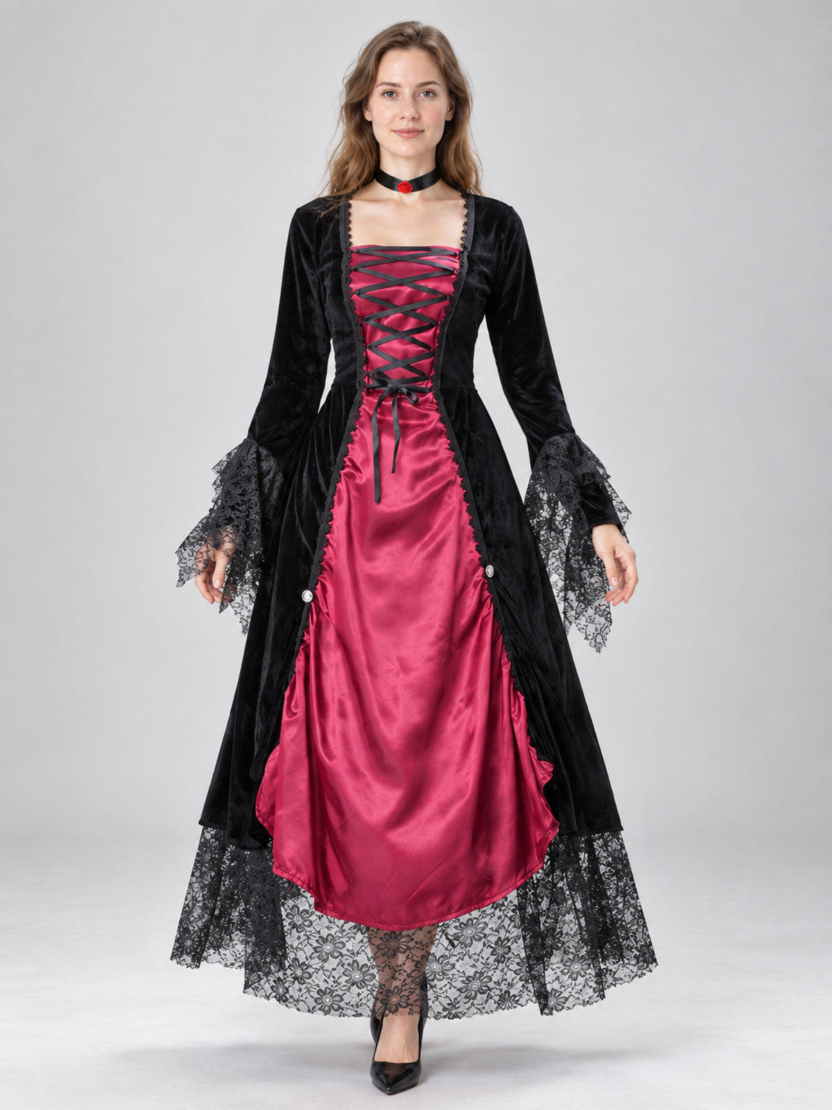 Black and Burgundy Carnival Dress with Lace and Lacing