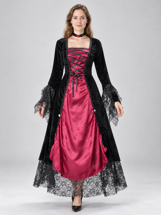 Model wearing a women's black and burgundy gothic vampire dress with lace bell sleeves and ribbon-laced bodice, front view