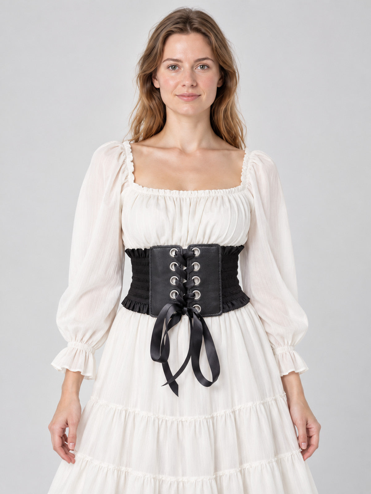 Wide Black Corset Belt with Lacing and Ruffles