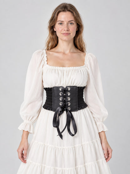 Wide Black Corset Belt with Lacing and Ruffles