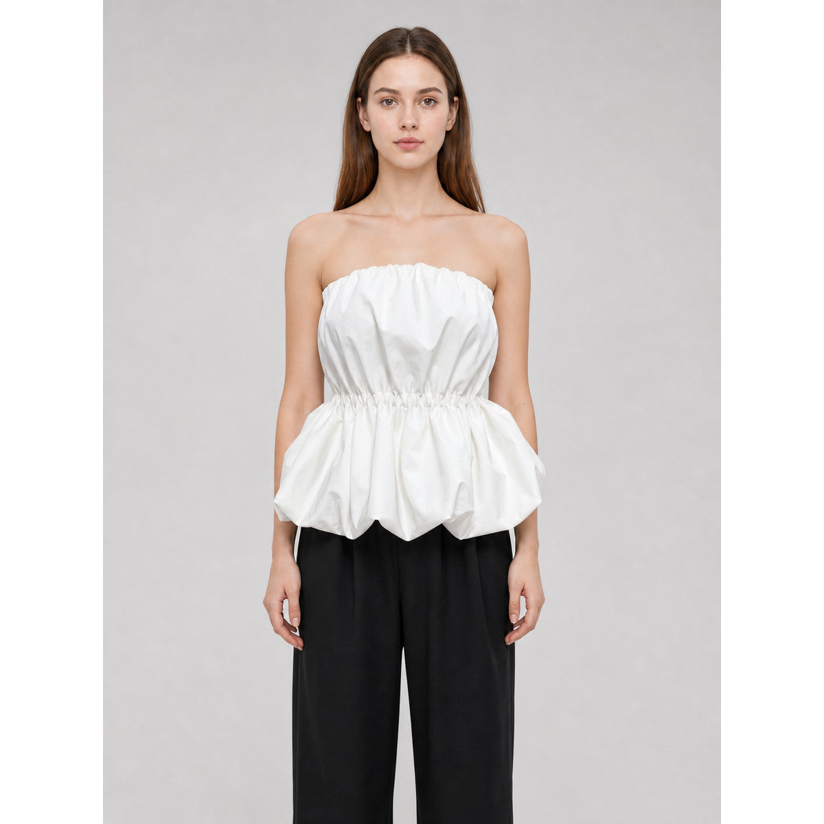 White Strapless Bustier Top with Draped Peplum