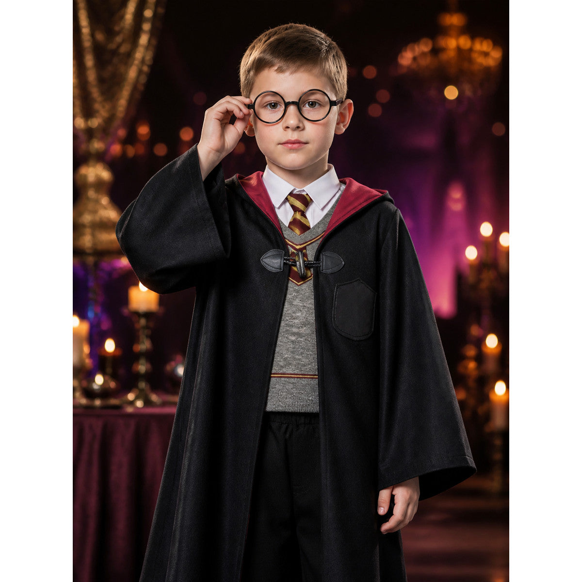 Kids Wizard Costume Set, Hooded Robe With Round Glasses, Tie, Inner Top And on-model view