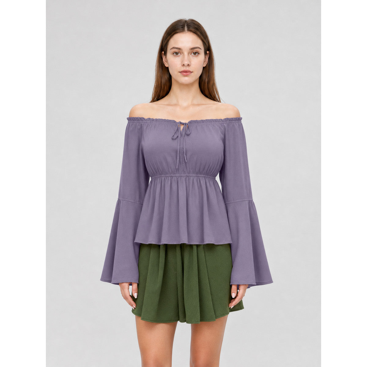 Off-the-Shoulder Blouse with Flared Sleeves on-model view