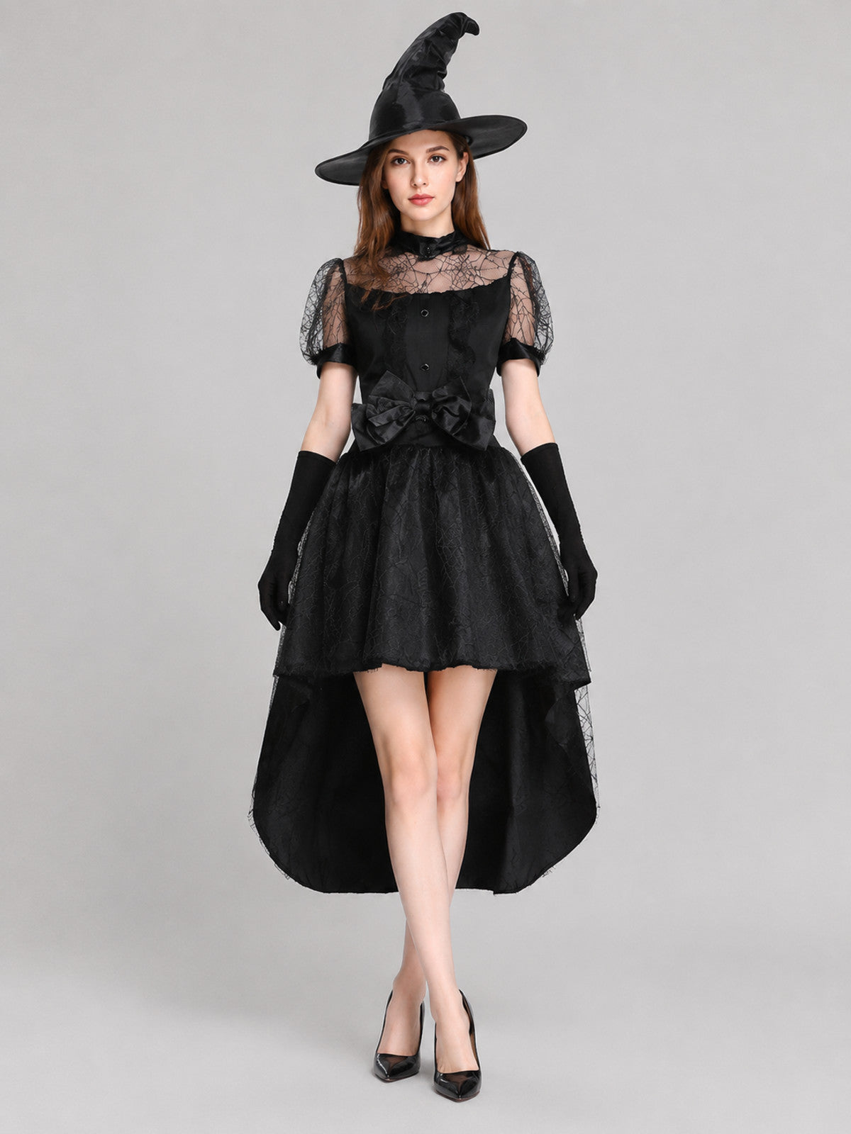 Black Witch Costume: Dress, Hat, and Gloves on-model view