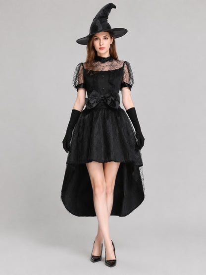 Black Witch Costume: Dress, Hat, and Gloves on-model view