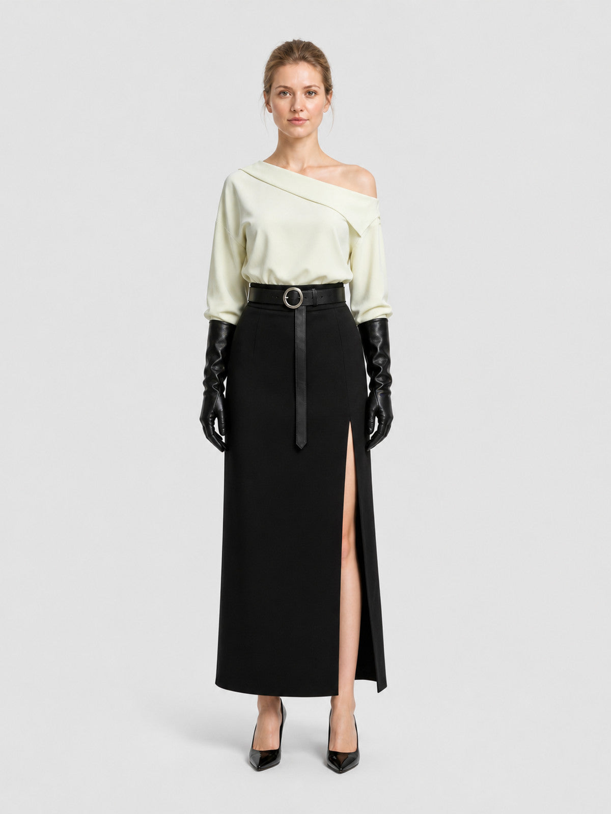 Grace RE9 Cosplay: White Blouse and Black Slit Skirt on-model view
