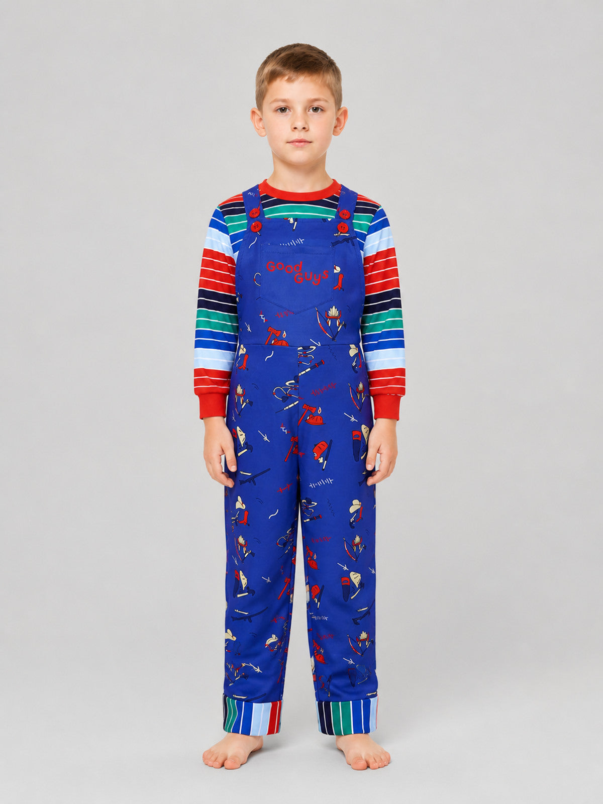 Chucky Cosplay Costume, Long-Sleeve Shirt and Bib Overalls on-model view