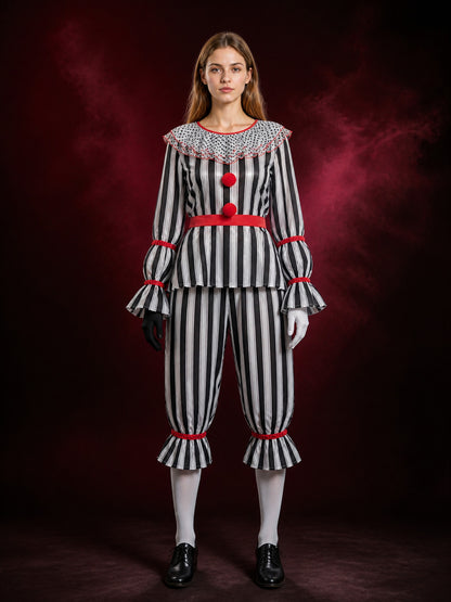 Adult Striped Clown Costume Set with Ruffle Collar and Red Trim, Two-Piece