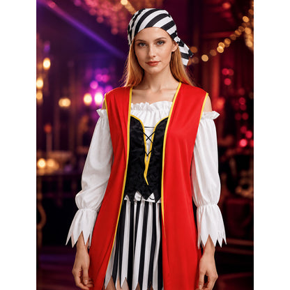 Women's Pirate Costume Set with Striped Dress, Red Cape, Headscarf and Boot on-model view
