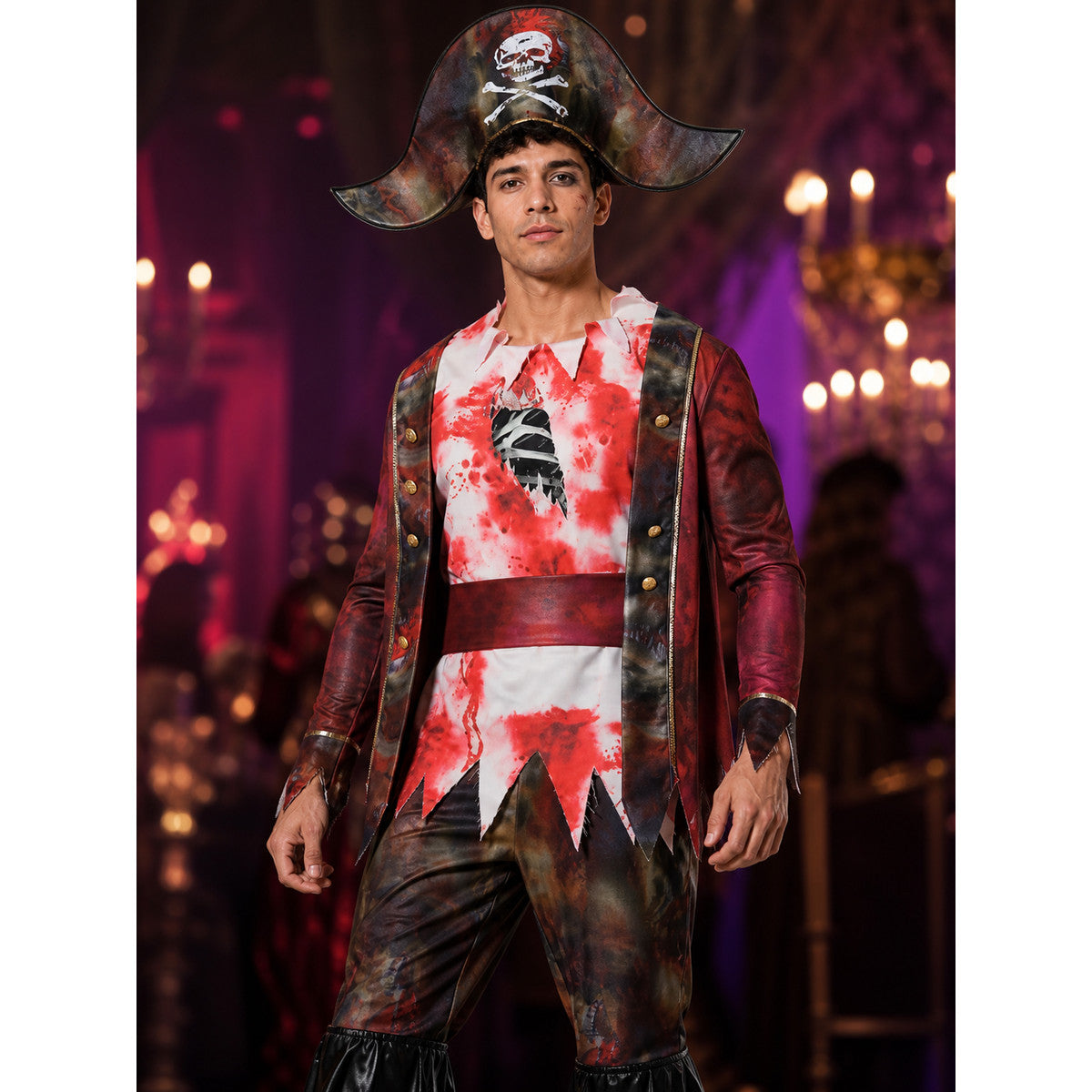Men's Red Black Pirate Costume Set with Skull and Crossbones Hat, Jacket, Pants on-model view