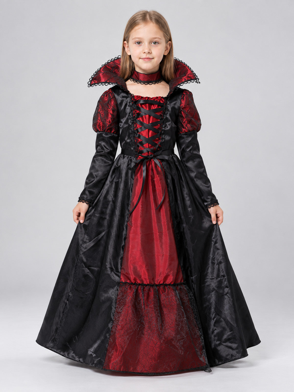 Vampire Costume with a Long Skirt and Voluminous Collar on-model view