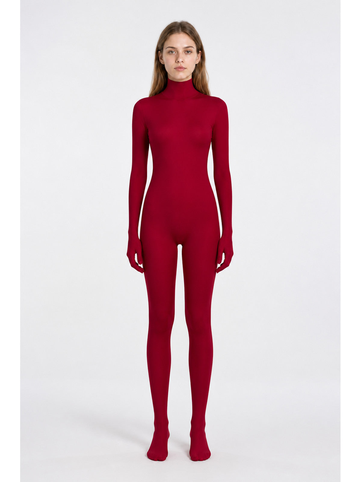 Burgundy zentai jumpsuit with hood and gloves main product view