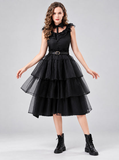 Black sleeveless dress with ruffles and a tiered skirt