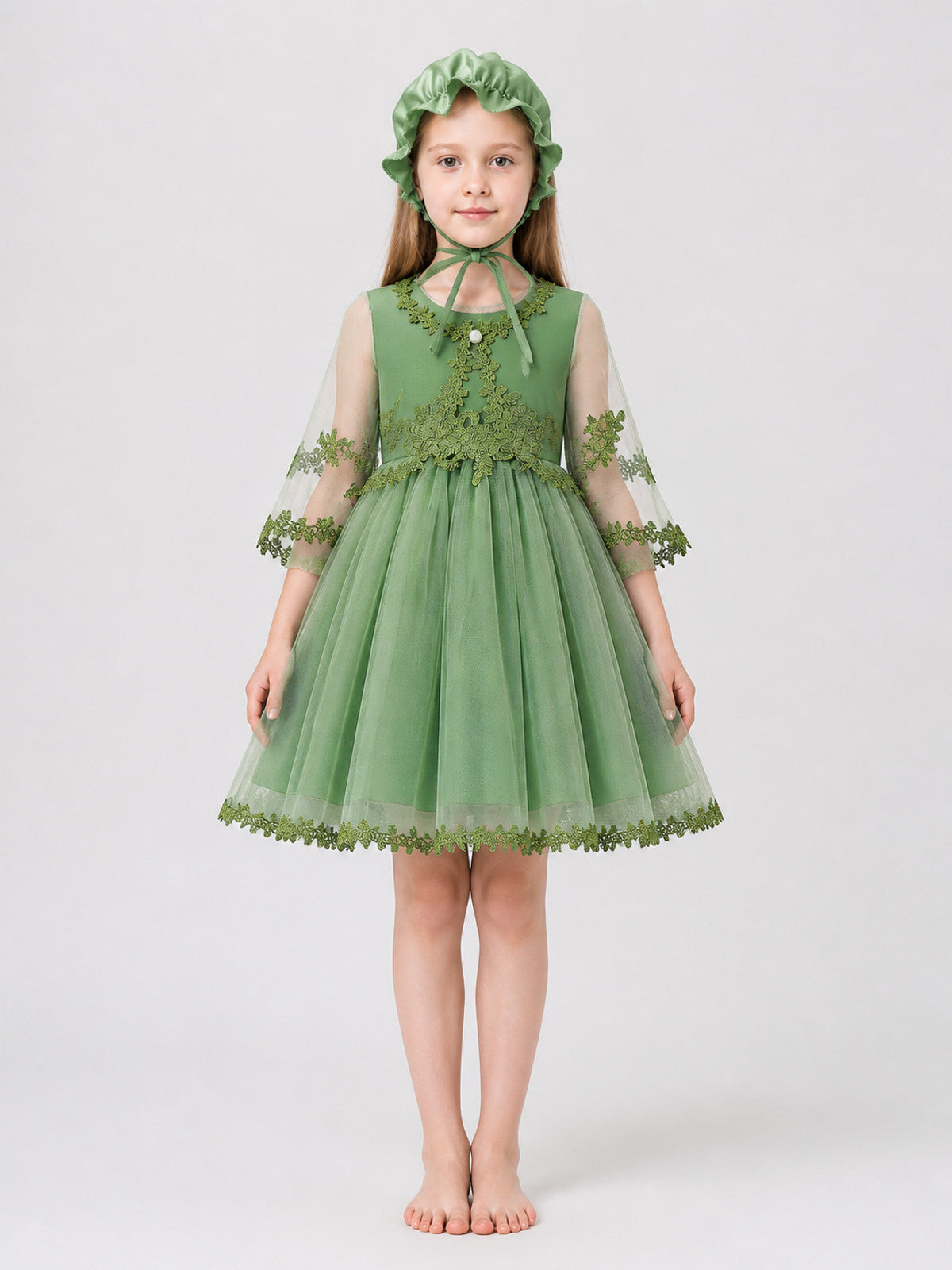 Dress Set with Hat, Green, Tulle on-model view
