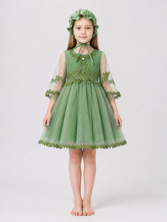 Dress Set with Hat, Green, Tulle on-model view