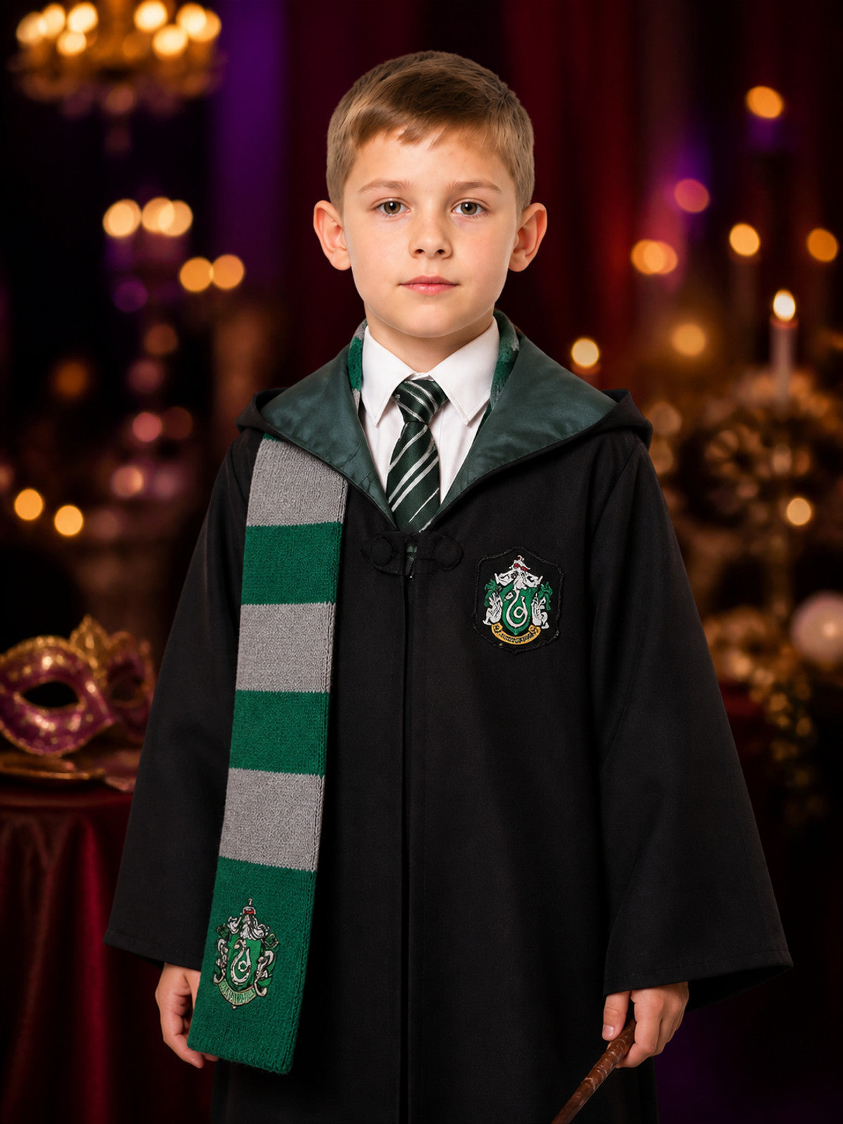Wizard Costume Set, Hooded Robe With Tie And Scarf, Green And Gray on-model view