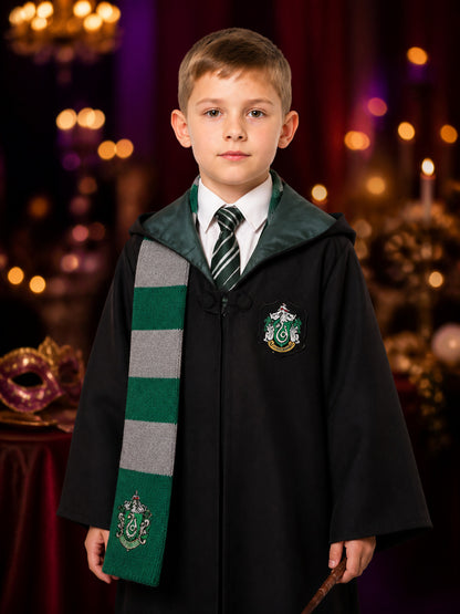 Wizard Costume Set, Hooded Robe With Tie And Scarf, Green And Gray on-model view