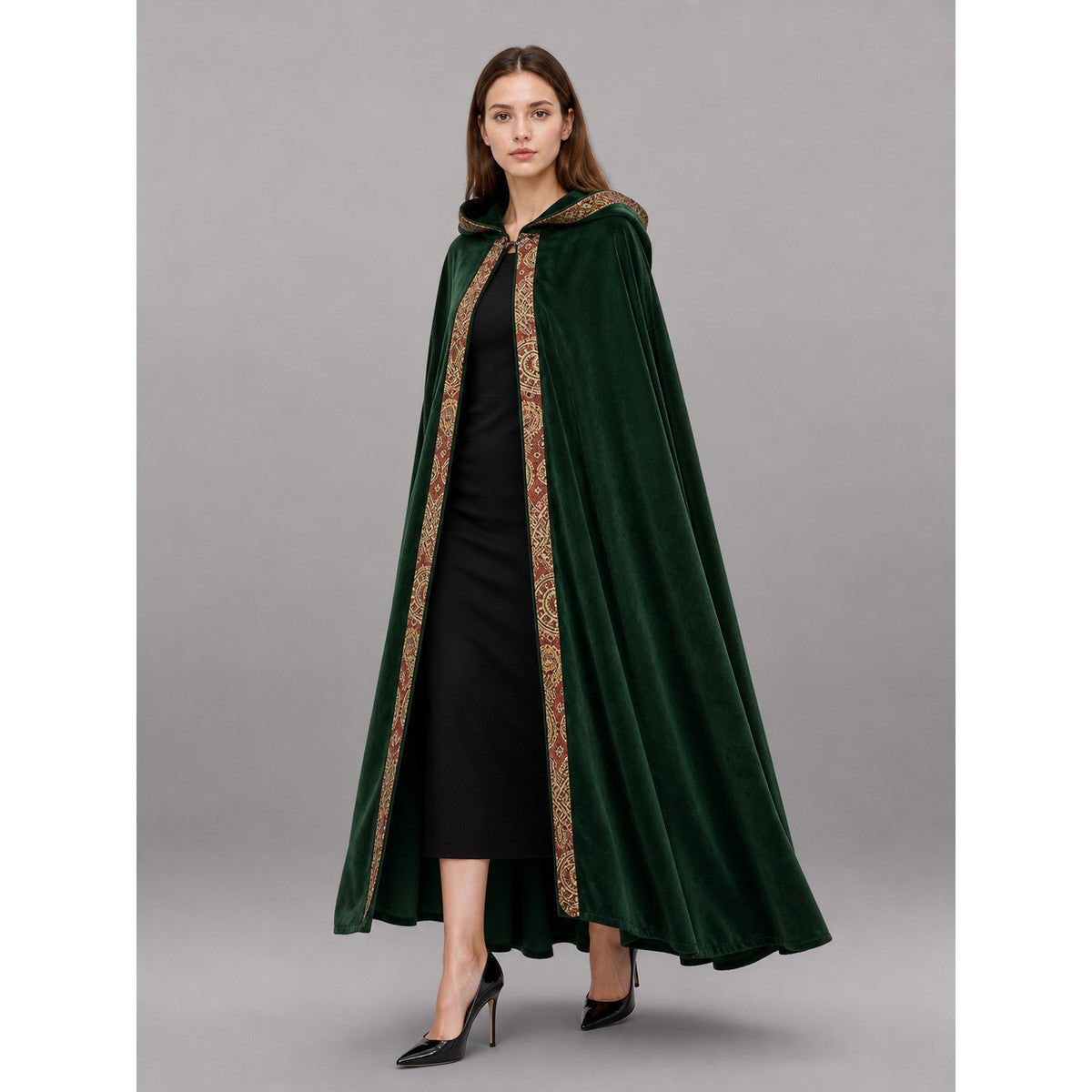 Green Medieval Hooded Carnival Cloak front view