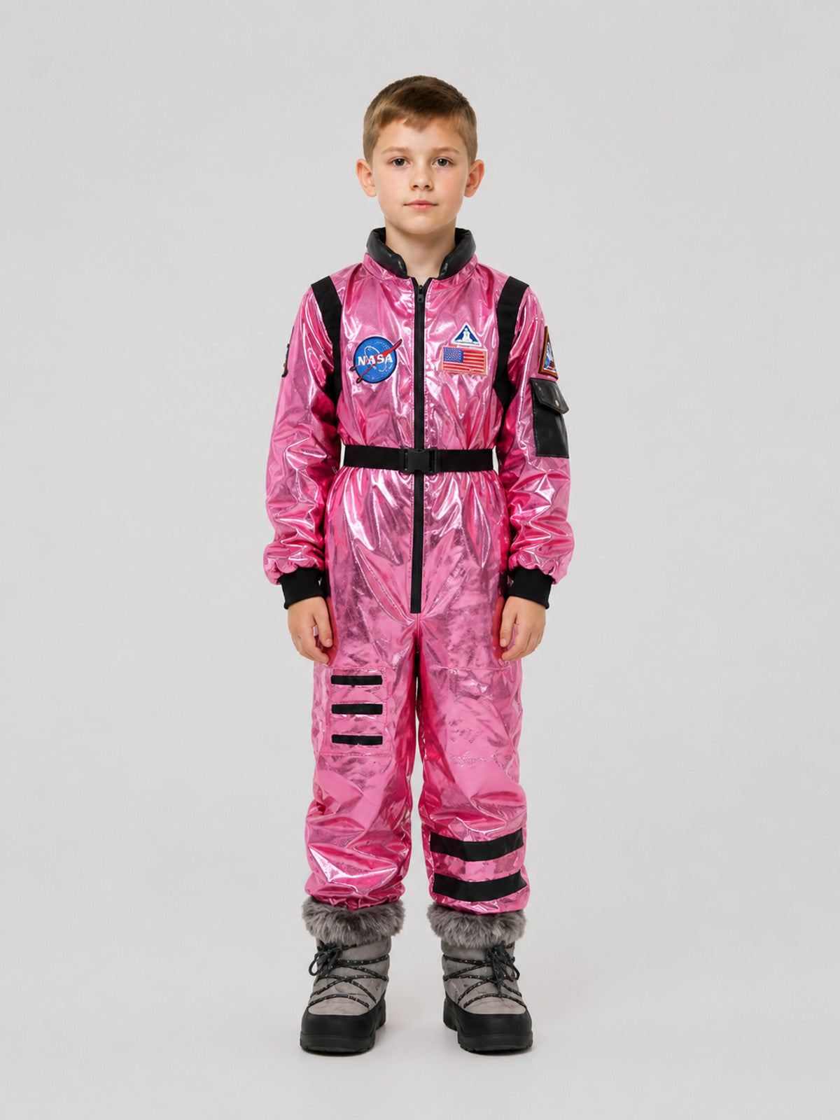 Space Jumpsuit with Pink Glitter, Zipper, and Belt on-model view
