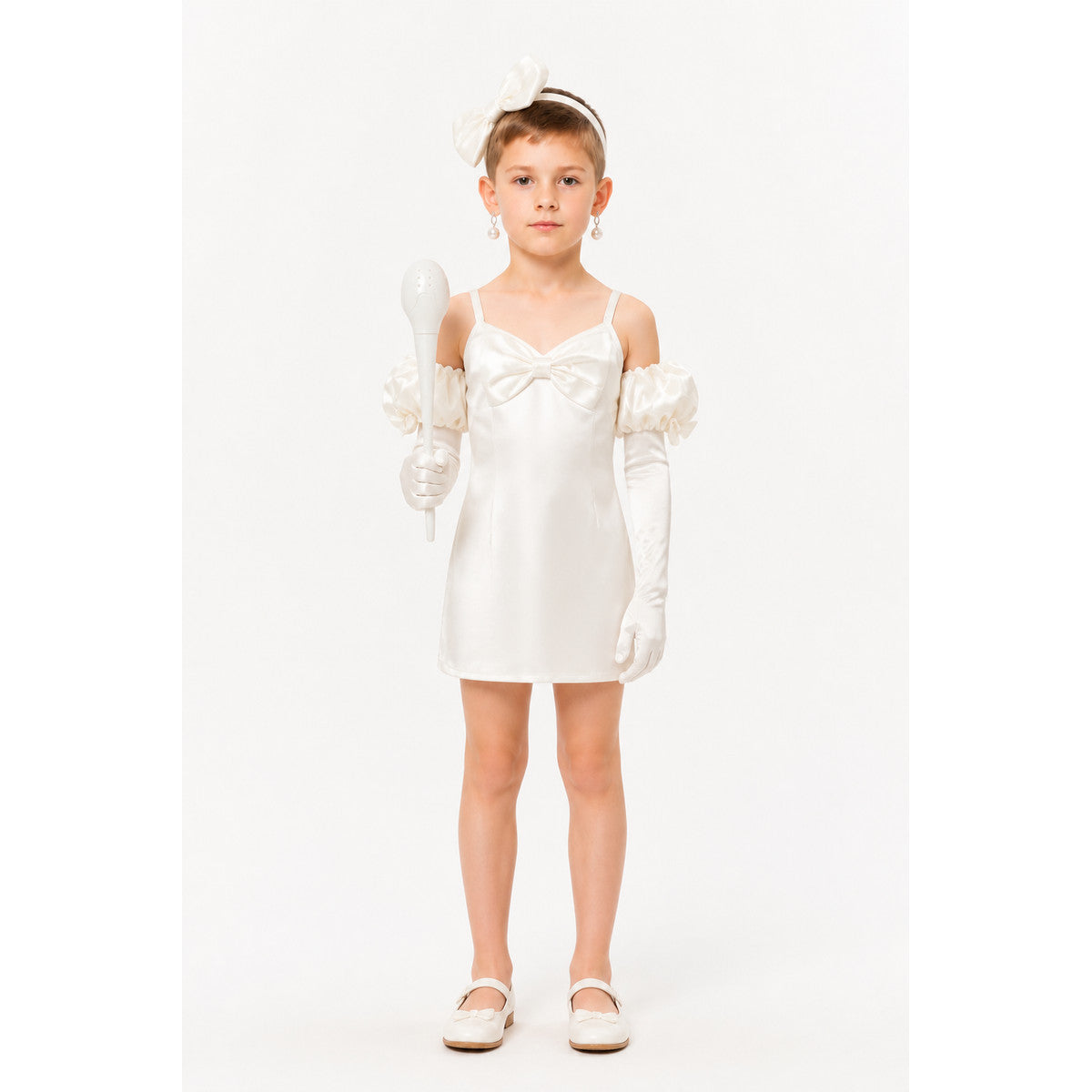 White Short Dress with Bow and Puffy Sleeves main product view