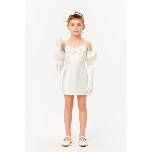 White Short Dress with Bow and Puffy Sleeves main product view