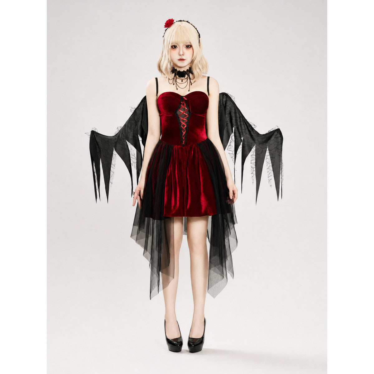 Gothic Retro Dress with Black Cape and Headband