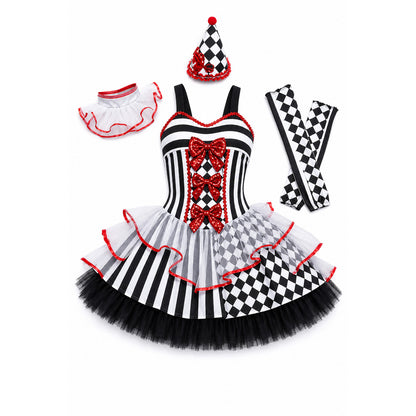 Clown Carnival Costume: Dress, Gloves, and Cap