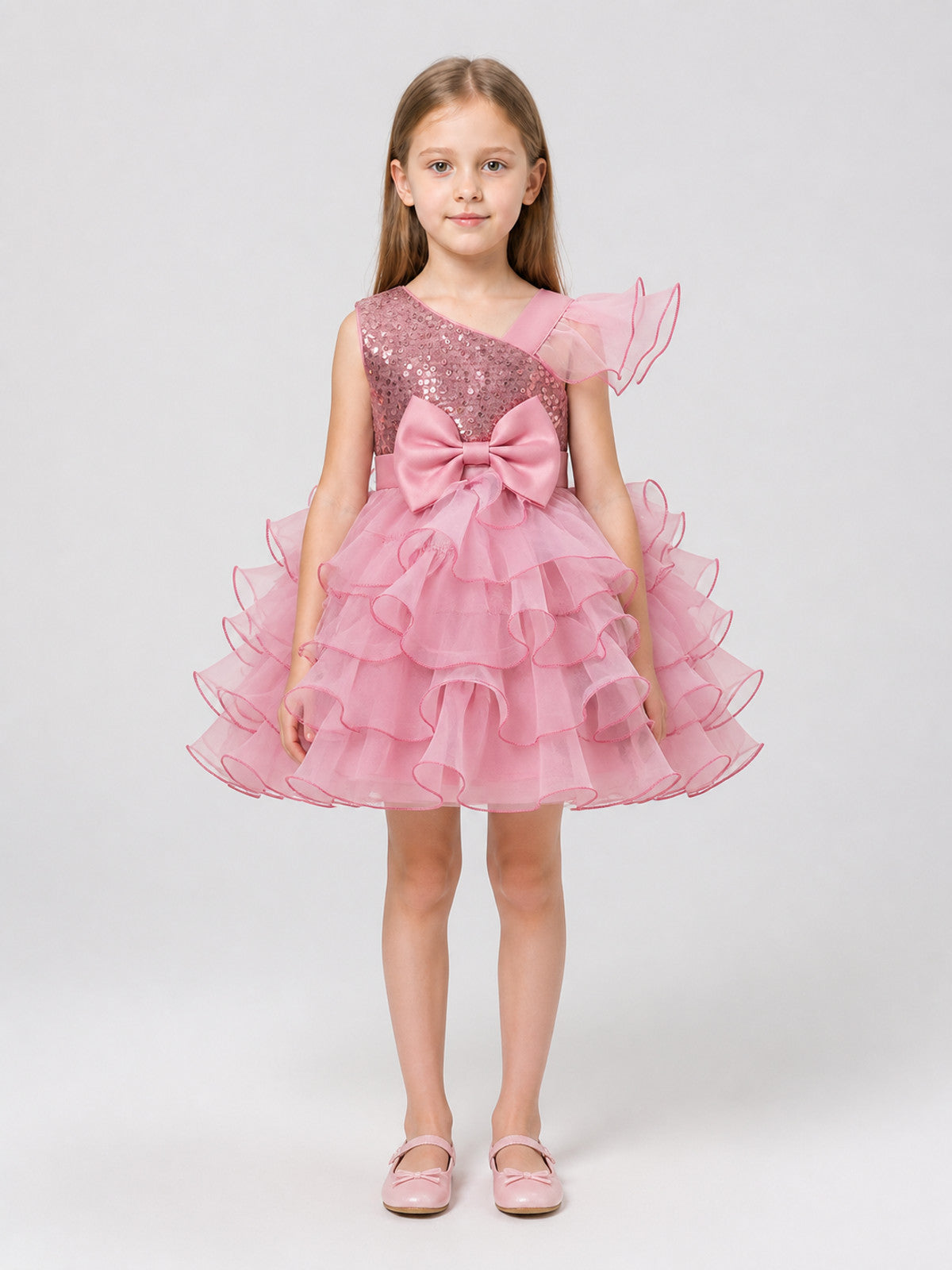 Princess Dress with Sequins, Bow, and Full Skirt on-model view