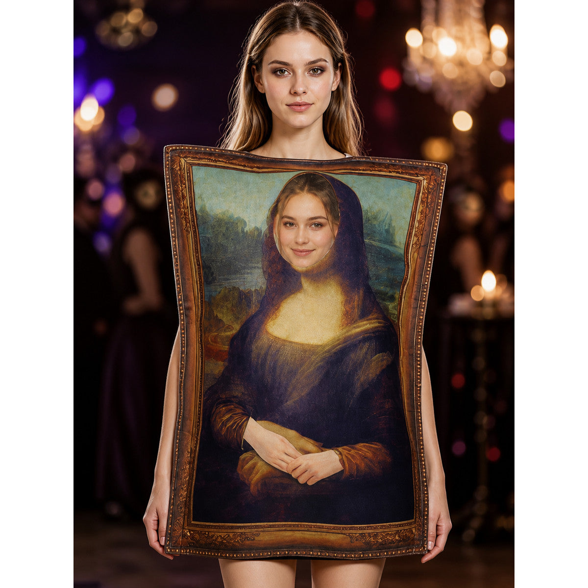 Unisex Mona Lisa Painting Bodysuit Halloween Costume, Funny Retro Parody on-model view