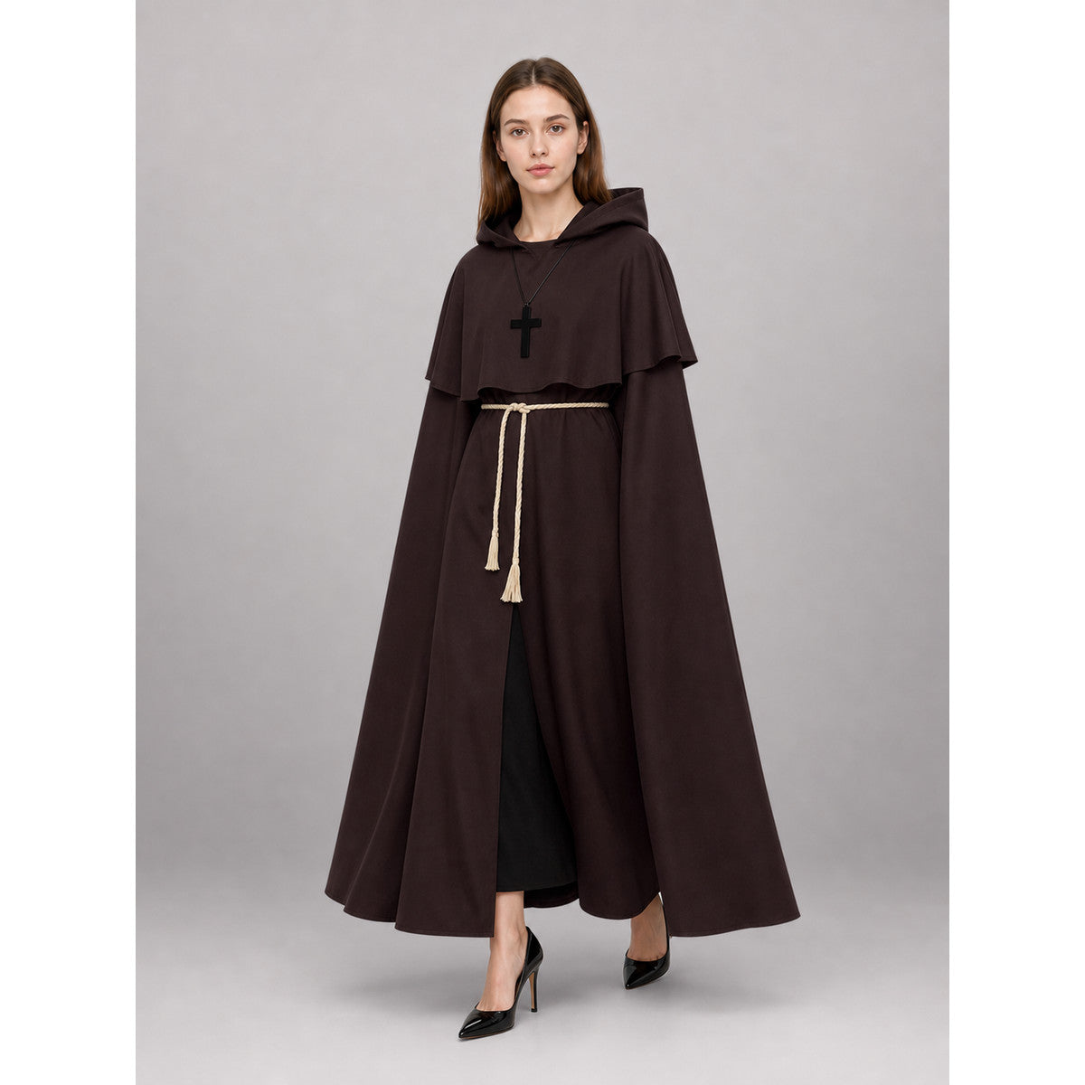 Dark Brown Hooded Carnival Cloak front view